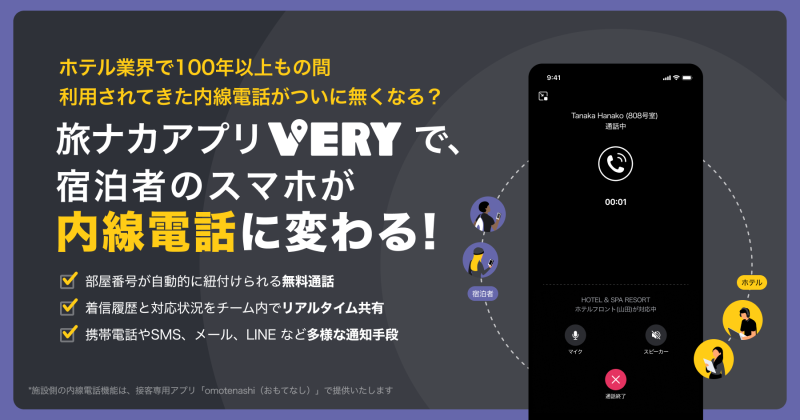 スマホがホテルの内線電話に！旅ナカアプリ『VERY』がもたらす新しい宿泊体験